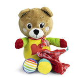 Bob The Bear stuffed animal with light brown fur, red heart patch, red and white plaid scarf, and three multicolored balls.