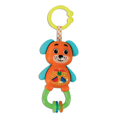 Baby Clementoni puppy sorting and stacking toy in orange with blue ear, smiling face, and multiple colorful rings.
