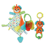 Baby Clementoni puppy toy set features an orange stuffed animal with a smiling face, colorful dress, and various rattles.