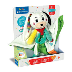Baby Clementoni Sweet Bunny comforter in a glossy box with plastic window, featuring colorful fabric and developmental text.