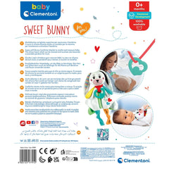 Baby Clementoni Sweet Bunny comforter in colorful packaging featuring a baby, bunny, heart graphics, and a QR code.