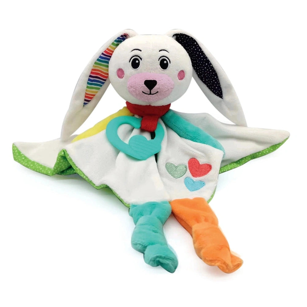 Baby Clementoni Doudou Sweet Bunny Comforter features a white plush bunny with rainbow ears, orange feet, and a red scarf.