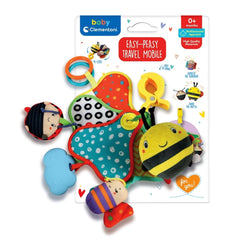 Baby Clementoni Easy-Peasy Travel Mobile features colorful activity toys in a clear window packaging with matte and glossy fi