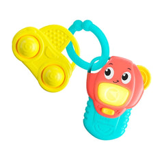 Baby Clementoni My First Activity Key features a colorful plastic toy with yellow, red, and blue parts, wheels, eyes, and a m