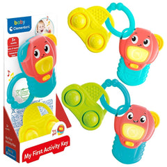 Baby Clementoni My First Activity Key toy in vibrant yellow, green, and red packaging made of cardboard, perfect for infants.