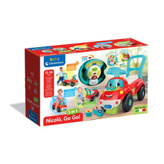 Baby Clementoni Nicolo Go Go 3 In 1 Riding Toys packaging features a red design with a smiling toy car and child graphics.