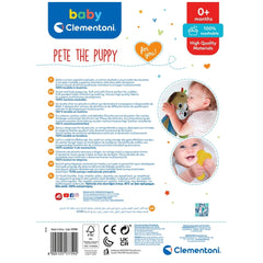 Pete the Puppy stuffed animal in retail packaging with a glossy window, featuring a baby holding the toy and colorful text.