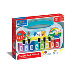 Baby Clementoni Pianola Degli Animali with colorful toy featuring blue handle, yellow body, and red base in glossy cardboard