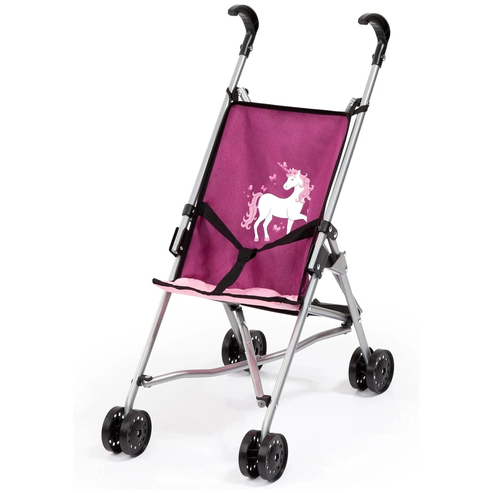 BAYER DESIGN Lila Buggy Unicorn features a silver metal frame, pink fabric seat with a white unicorn design, and four black p