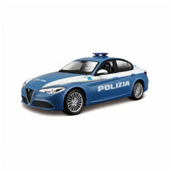 BBurago Alfa Romeo Polizia 1:24 die-cast vehicle in glossy blue and white with tinted windows, shiny wheels, and reflective h