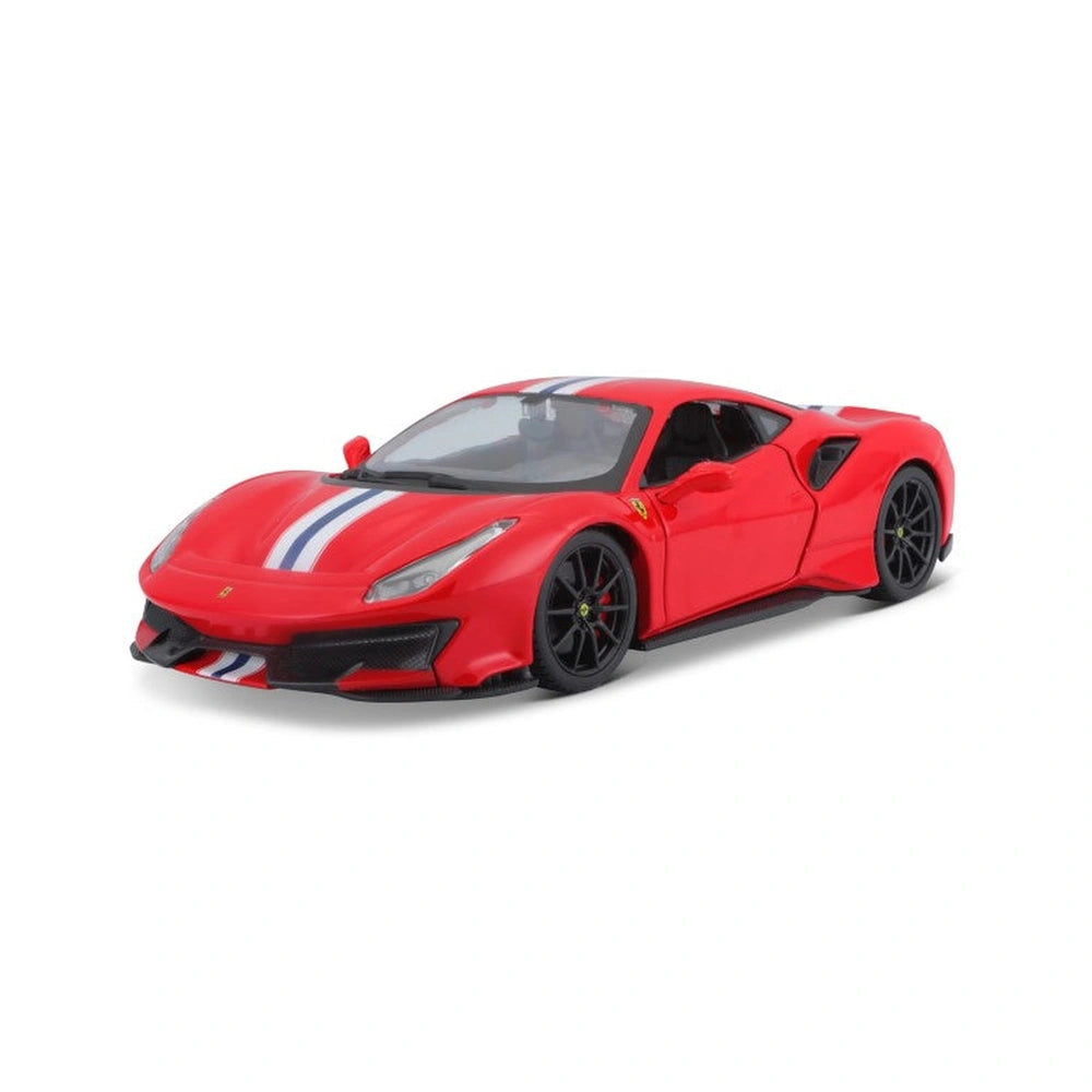 BBurago Ferrari 488 Pista 1:24 die-cast model in glossy red with a white stripe, featuring black wheels and a transparent win