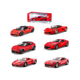 Ferrari Race Play 1:24 die-cast toy car in vibrant red plastic, showcasing a sleek front view and detailed design.
