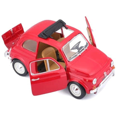 BBurago Fiat 500L 1968 die-cast vehicle in glossy red with brown interior, black roof, and white-rimmed black wheels.
