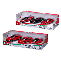BBurago Race Play Ferrari 3 Car Gift Pack features three red die-cast toy cars in a red packaging with a transparent window.