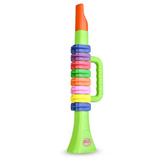 Bontempi Mini Trumpet in green plastic features a glossy finish and a colorful spiral design with a handle.