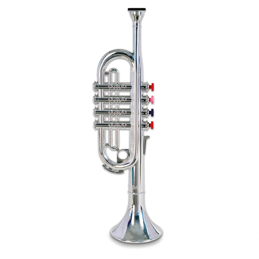 Bontempi trumpet made of shiny silver brass with three colorful valve caps in red, blue, and pink, featuring a flared bell.