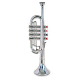 Bontempi trumpet made of shiny silver brass with three colorful valve caps in red, blue, and pink, featuring a flared bell.