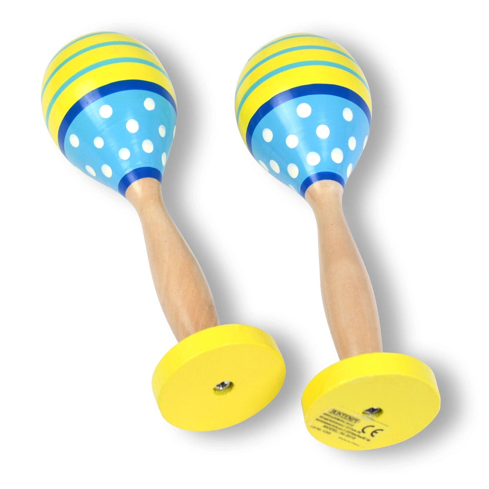 Bontempi wooden maracas featuring two yellow and blue patterned balls with light brown handles, displayed from the front view