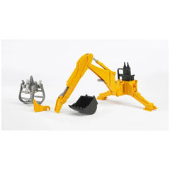 Yellow Bruder rear hydraulic arm with black bucket and gray grabber attachment on white background.