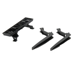 Black carrier plate with two detachable pallet forks for toy vehicles.