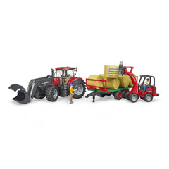 Bruder Case IH Optum 300CVX with bale transport trailer and figures, featuring realistic farm machinery.