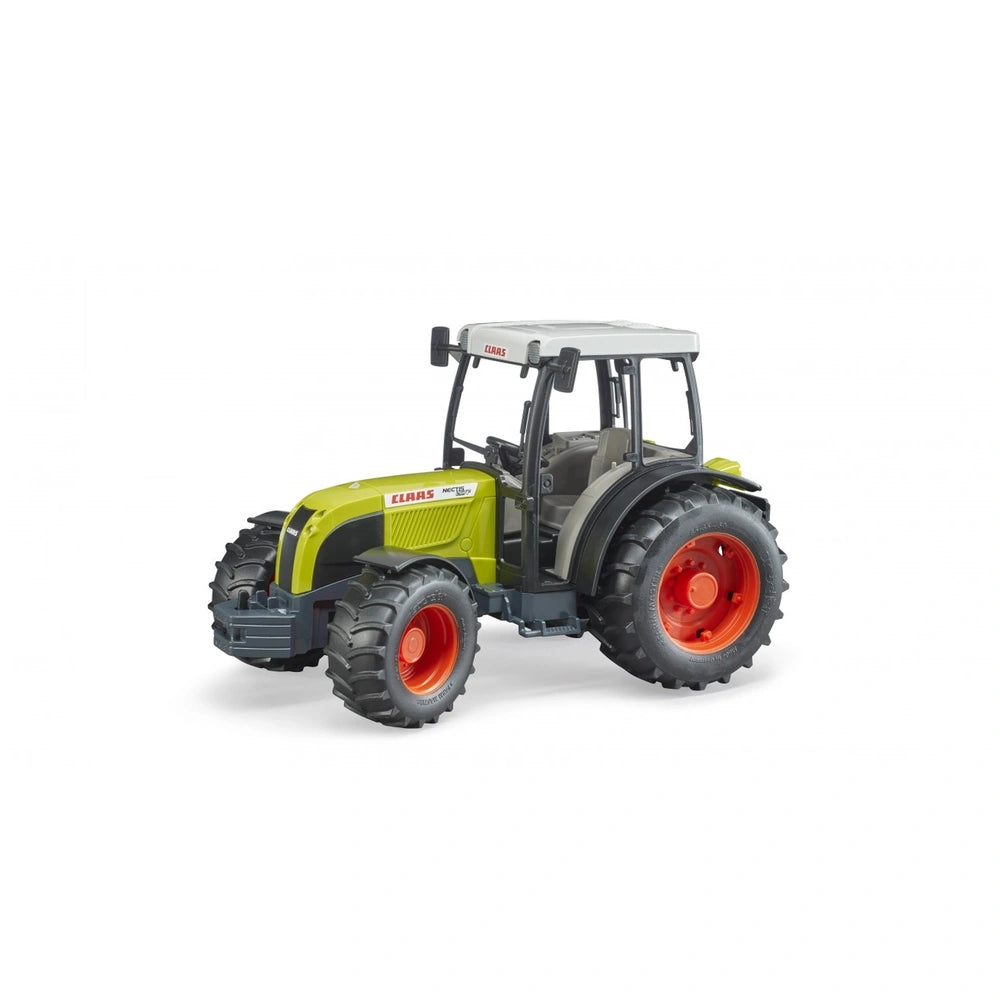 Bruder Claas Nectis 267 F toy tractor with green body, white roof, and red wheels, detailed and realistic design.