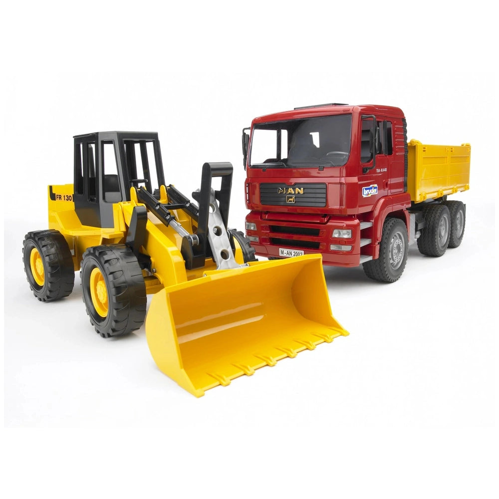 Yellow articulated road loader and red MAN TGA construction truck toy set, detailed and realistic design.