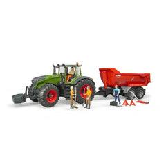 Bruder Fendt 1050 Vario toy tractor with vibrant green and red colors, trailer, and mechanic figures with tools.