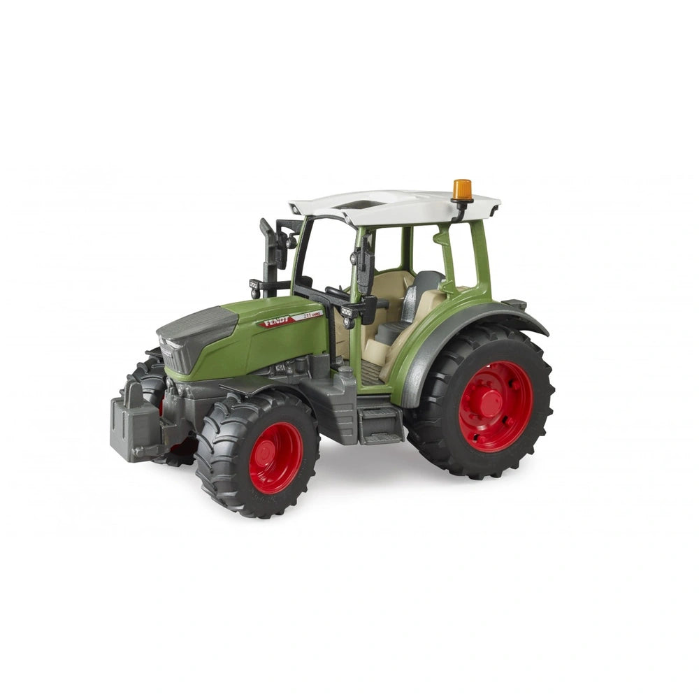 Green and red Bruder Fendt Vario 211 toy tractor with a white cab, featuring realistic details, scale 1:16.