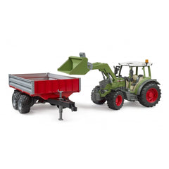 Green Fendt Vario 211 toy tractor with red tipping trailer and frontloader, designed for educational play.