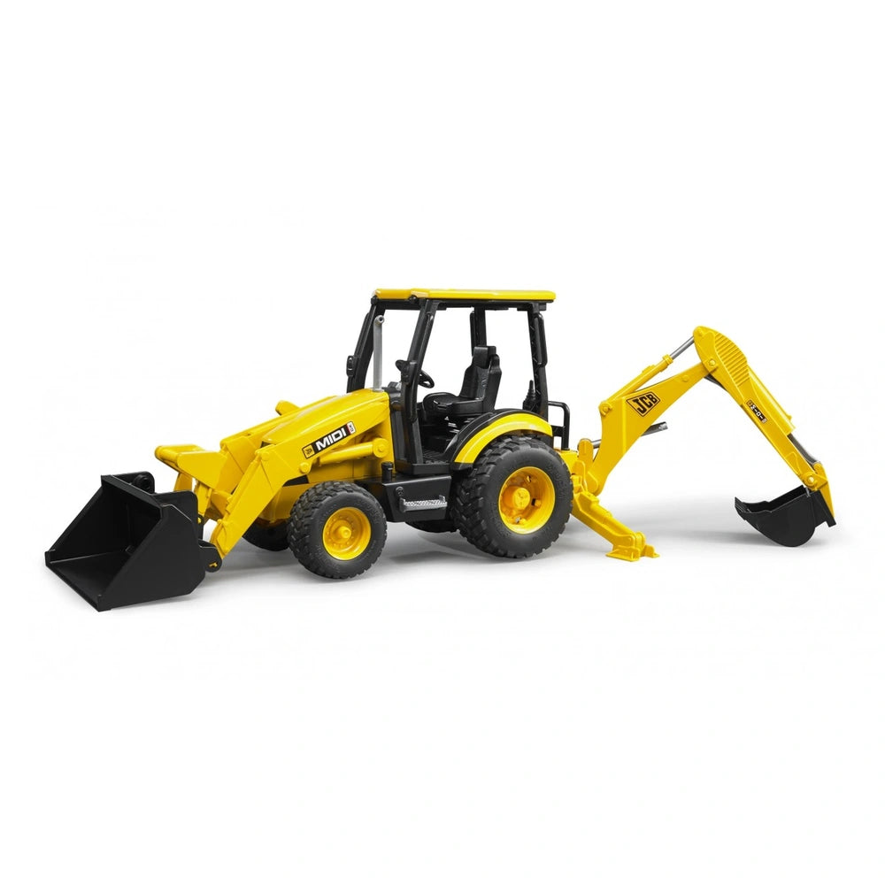 Yellow Bruder JCB MIDI CX Backhoe Loader toy with front loader and rear excavator against a white background.