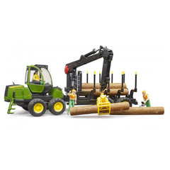 Bruder John Deere 1210E Forwarder toy with crane, four logs, and two worker figures in safety gear.