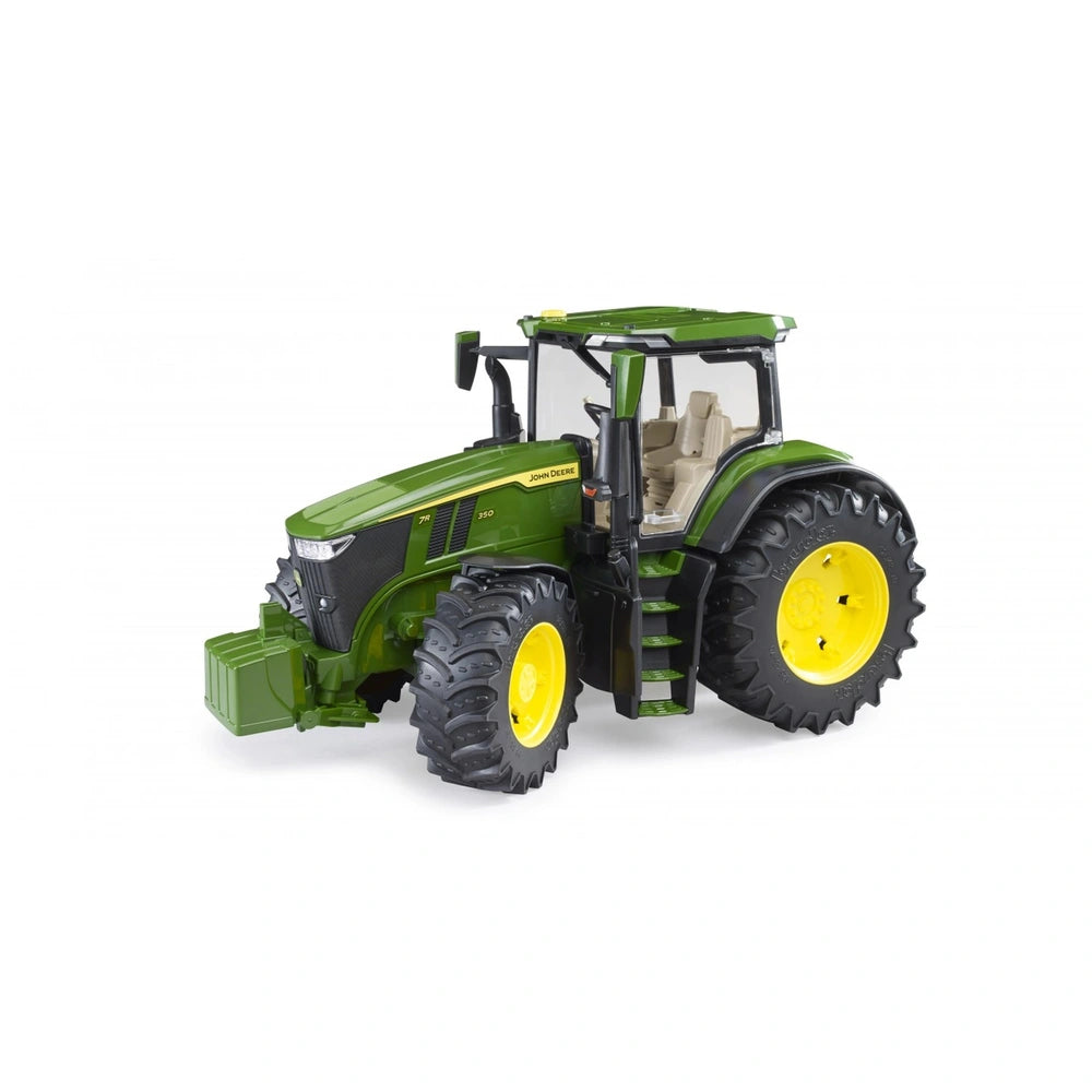 Green and yellow Bruder John Deere 7R 350 toy tractor with black tires and realistic design details.