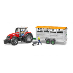 Red toy tractor connected to a gray livestock trailer with an orange roof, featuring two farmer figures.