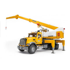 Yellow Bruder Mack Granite crane truck with extended telescopic boom and stabilizing legs, detailed construction toy.