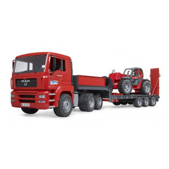 Red MAN TGA truck and low loader trailer carrying a Manitou telehandler toy on a white background.