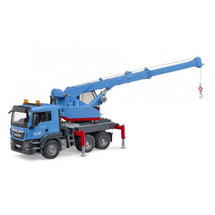 Blue Bruder MAN TGS crane truck toy with extended arm and functional hook, featuring a detailed cab and sturdy design.