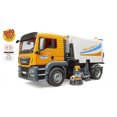Bruder MAN TGS street sweeper toy, with orange cab, detailed brushes, and realistic features for imaginative play.