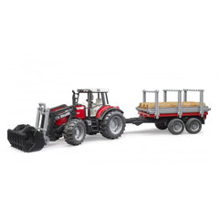 Red Massey Ferguson tractor with front loader and timber trailer, featuring realistic design and details.