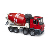 Red and white Bruder MB Arocs cement mixer toy truck with detailed cab and rotating drum on a white background.
