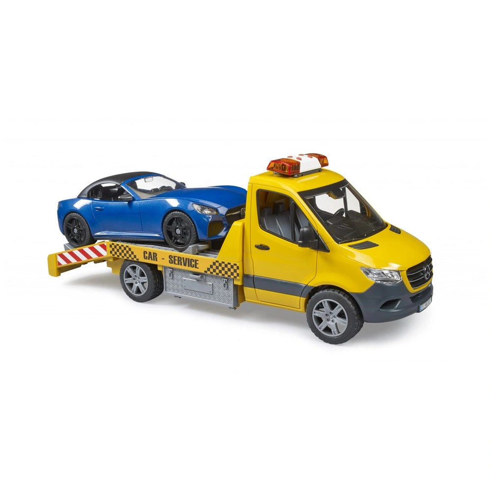 Yellow MB Sprinter car transporter toy with blue roadster, featuring light and sound module, by Bruder.