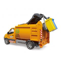 Bruder Mb Sprinter orange waste disposal toy truck lifting yellow and blue bins, featuring realistic recycling decals.