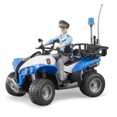 Toy police officer riding a blue and white quad bike with rugged tires, accessories, and a rear luggage rack.