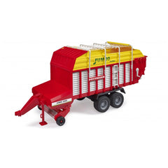 Red and yellow Bruder Pottinger Jumbo 6600 Profiline forage trailer toy with realistic details, including a ladder and wheels.