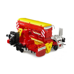 Red and yellow toy harrow seeder, Bruder Pöttinger Vitasem 302ADD, with realistic agricultural details and sturdy design.