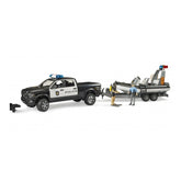Bruder RAM 2500 police pickup with trailer and boat, featuring two figures in uniform, for kids aged 4 and up.