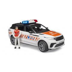 Emergency doctor vehicle toy, white Range Rover with red-orange details, blue-red siren, included driver figurine.