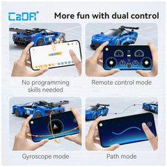 CaDA Blade Maserati GT2 construction set with smartphone interface displaying control modes and fun features in blue and whit