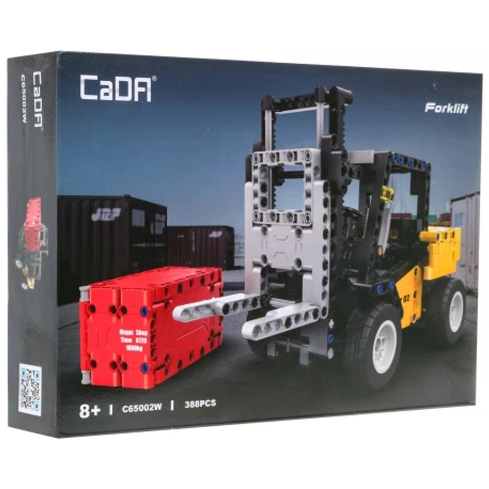 CaDA Forklift Truck construction set packaging features a glossy yellow and black forklift on matte cardboard with white text