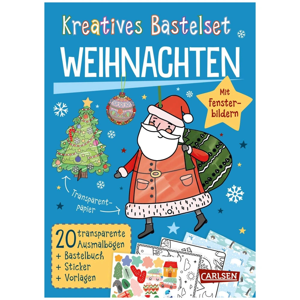 CARLSEN Christmas arts and crafts kit packaging featuring a cartoon Santa, colorful text, and glossy blue background.